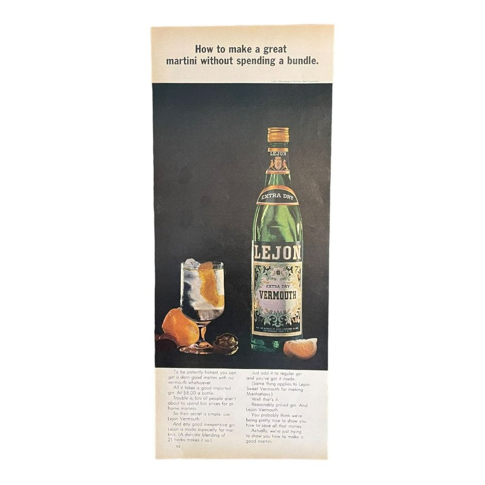 1966 Lejon Extra Dry Vermouth Martini Vintage Print Ad Magazine Green Bottle